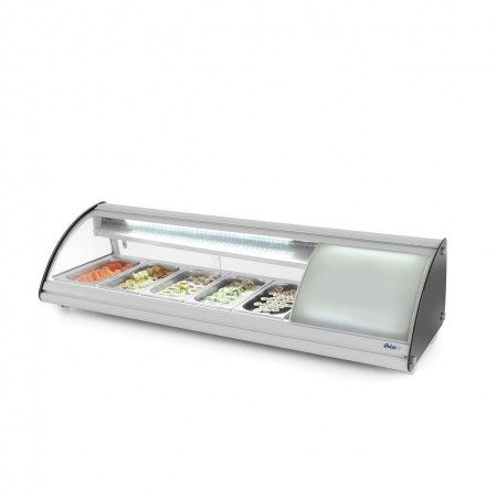 Витрина за суши, 63 л, за 5 тави GN1/3, температурен диапазон 0-12 gr C, 160 W, плъзгащи се прозорци, корпус от неръждаема стомана, ARKTIC by Hendi, 1307x450x(H)330 mm