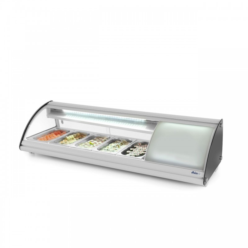 Витрина за суши, 63 л, за 5 тави GN1/3, температурен диапазон 0-12 gr C, 160 W, плъзгащи се прозорци, корпус от неръждаема стомана, ARKTIC by Hendi, 1307x450x(H)330 mm
